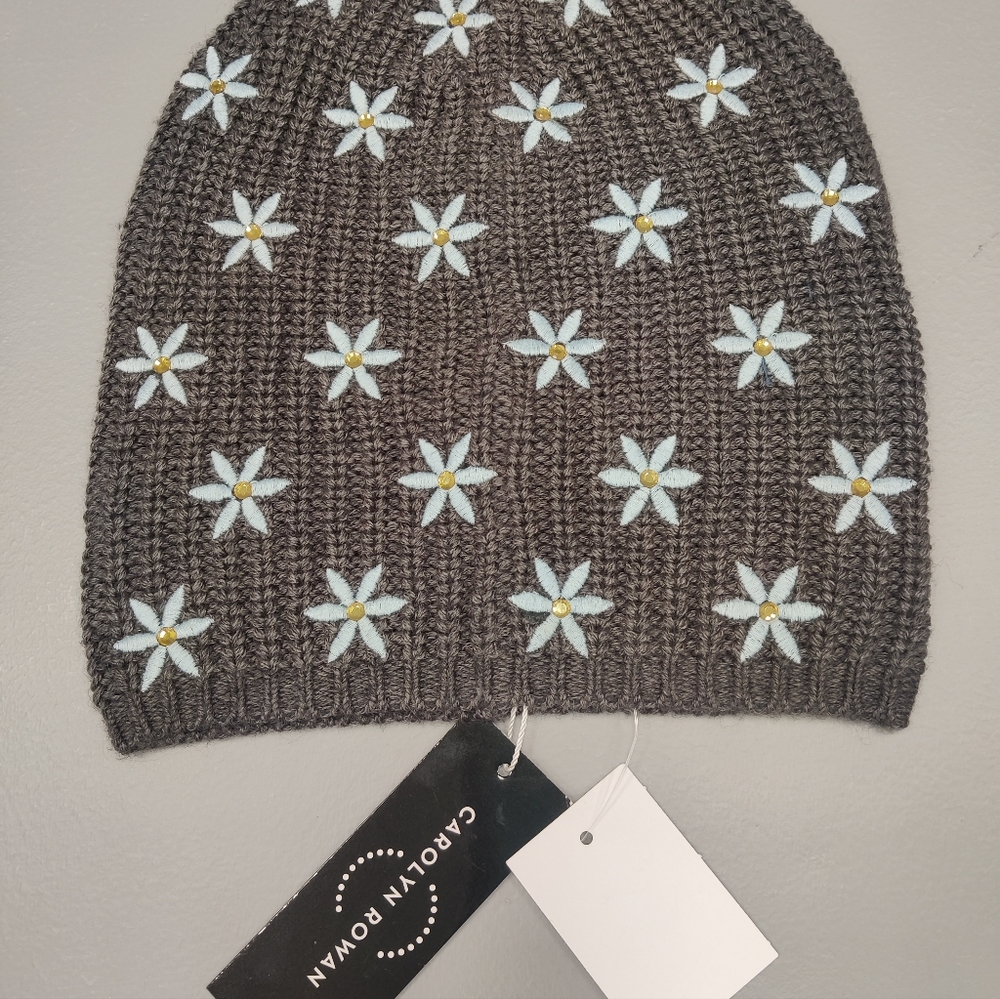 Carolyn Rowan wool blend beanie w/embroidered star flowers and crystals.
